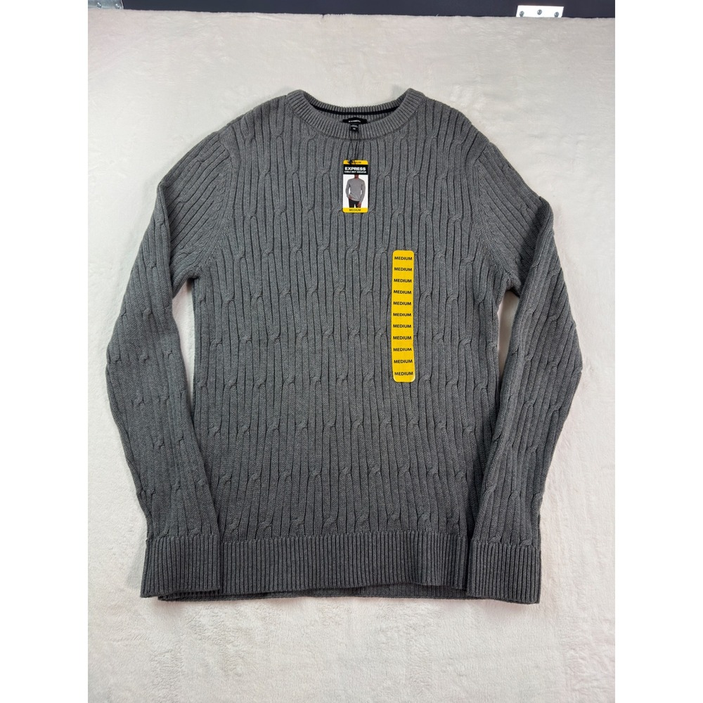 Express Mens Cable Knit Sweater Gray Crew Neck Cotton Long Sleeve M NEW